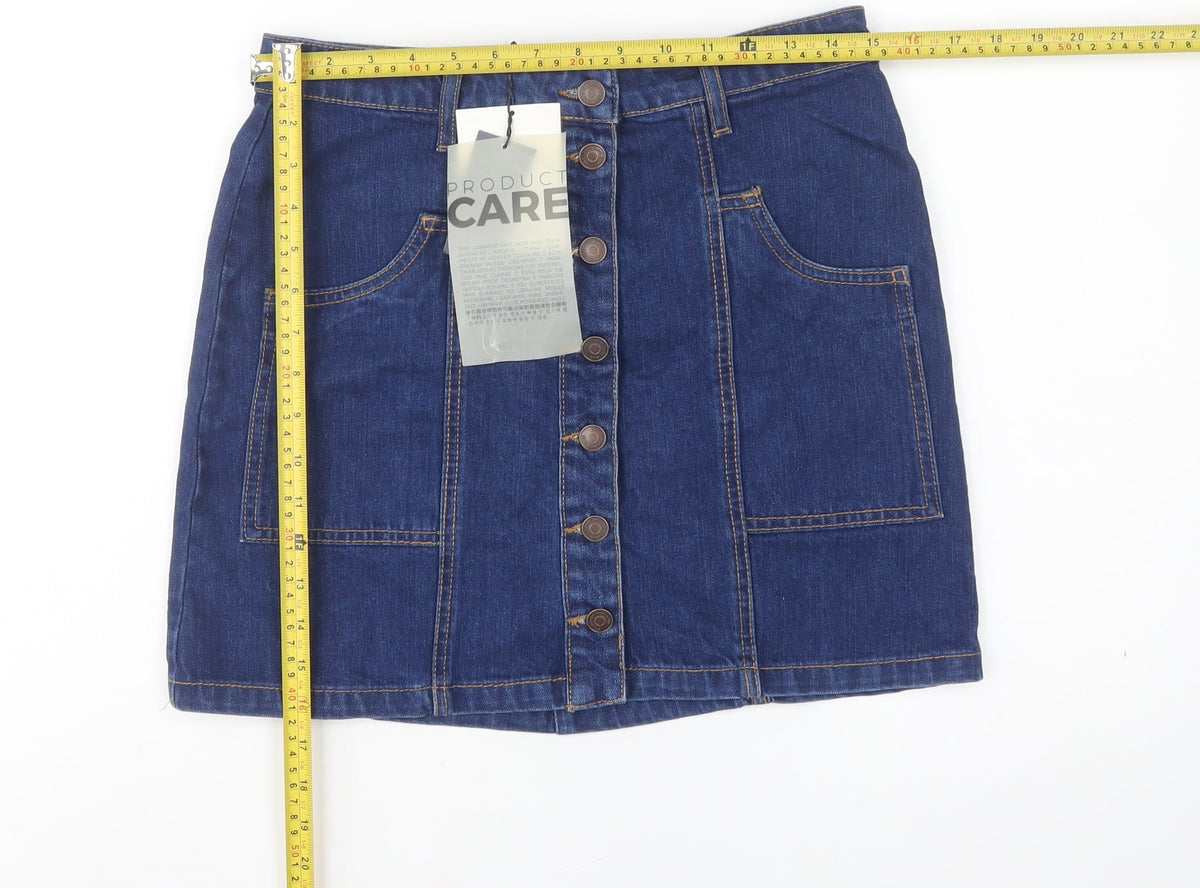 Stradivarius Women Blue Denim Mini Button Front Skirt UK 12 Cotton