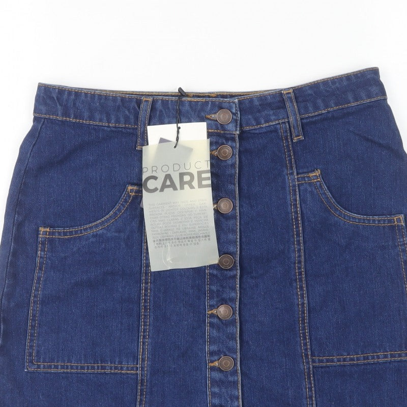 Stradivarius Women Blue Denim Mini Button Front Skirt UK 12 Cotton