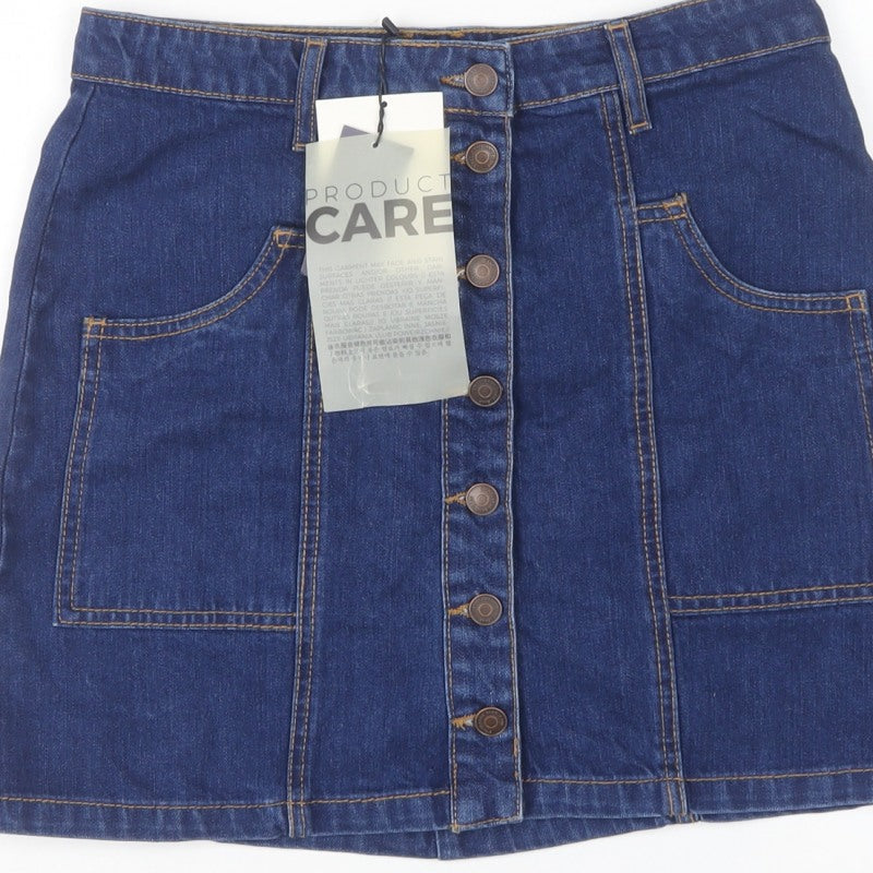 Stradivarius Women Blue Denim Mini Button Front Skirt UK 12 Cotton
