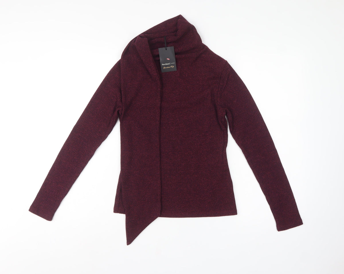 River Island Women Burgundy S Open Wrap Cowl Neck Knit Cardigan