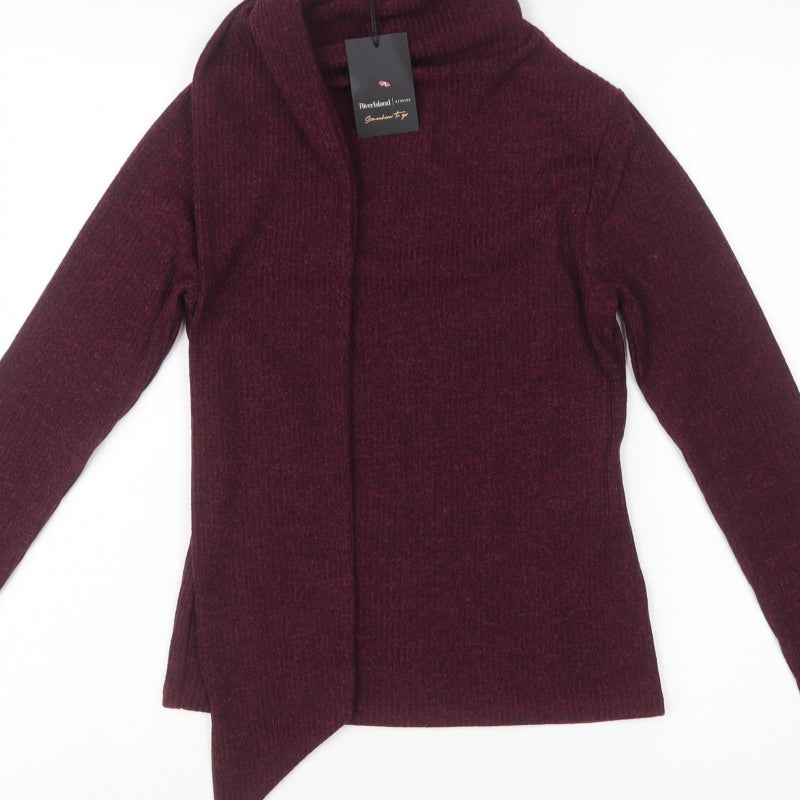 River Island Women Burgundy S Open Wrap Cowl Neck Knit Cardigan