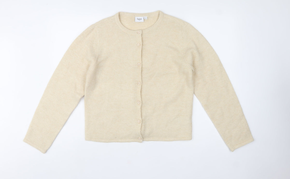 Saint Tropez Women Ivory M Fine Knit Wool Blend Cardigan