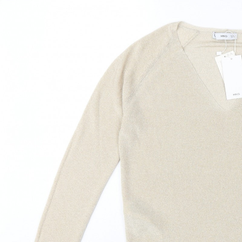 Mango MNG Women's Gold V-Neck Metallic Knit Pullover Jumper XL