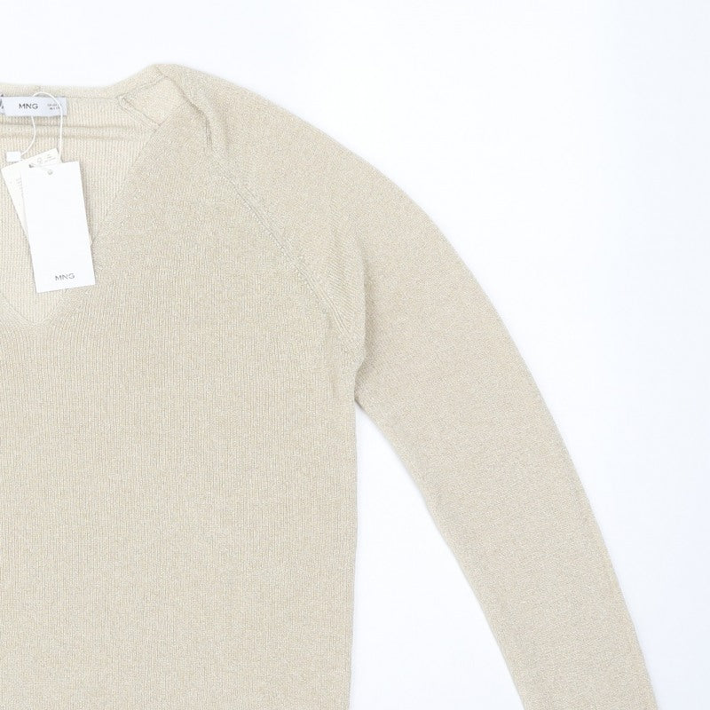 Mango MNG Women's Gold V-Neck Metallic Knit Pullover Jumper XL