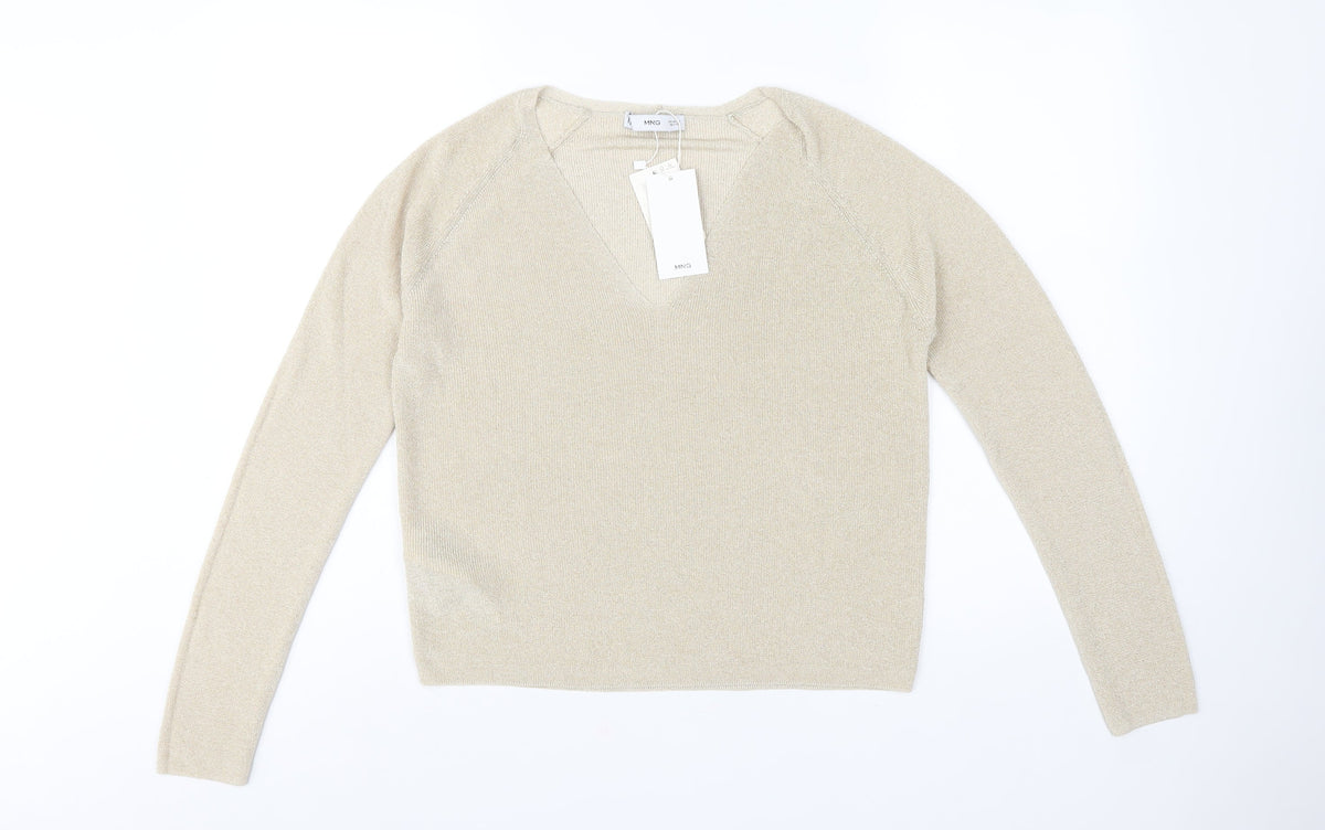 Mango MNG Women's Gold V-Neck Metallic Knit Pullover Jumper XL