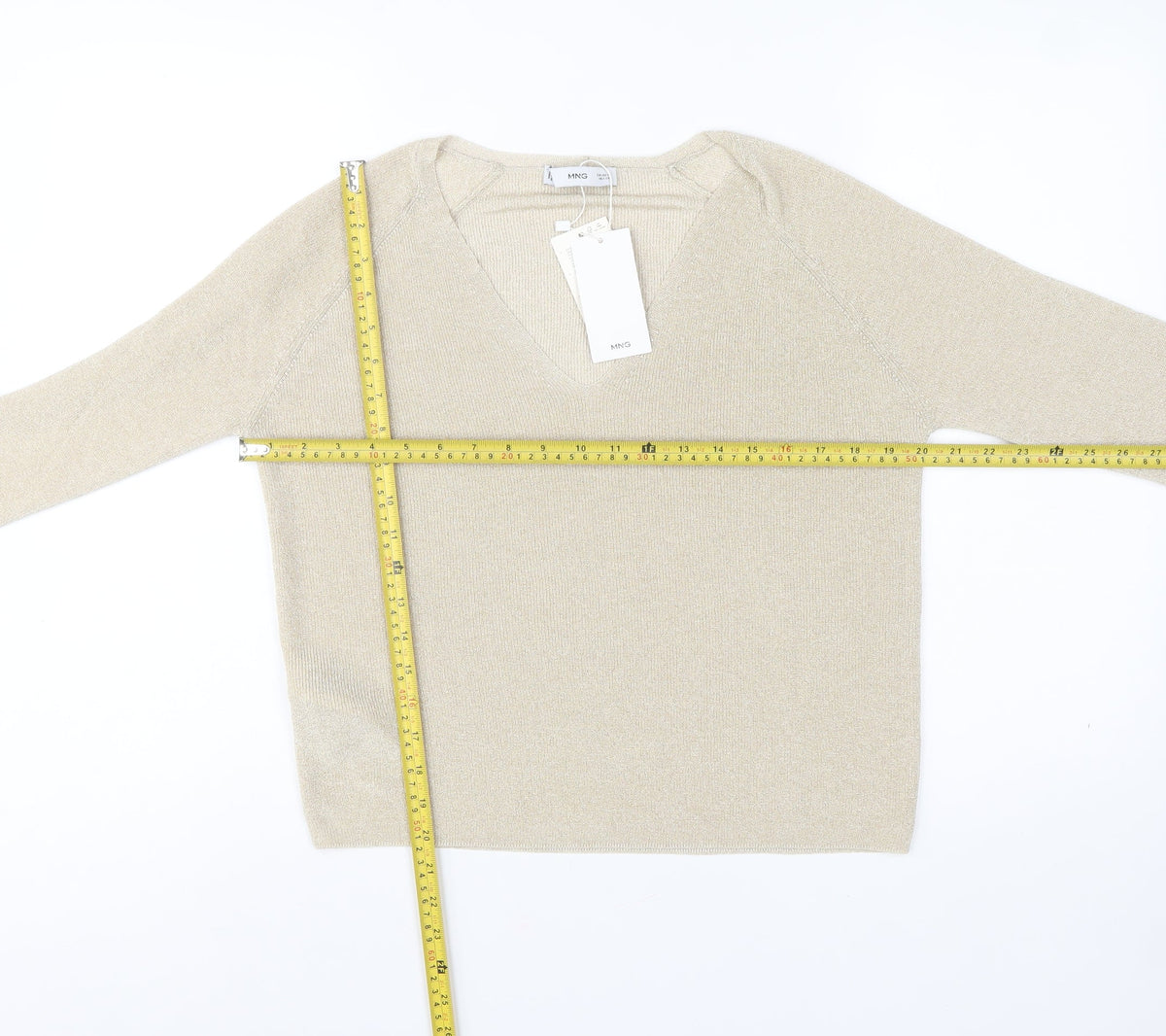 Mango MNG Women's Gold V-Neck Metallic Knit Pullover Jumper XL