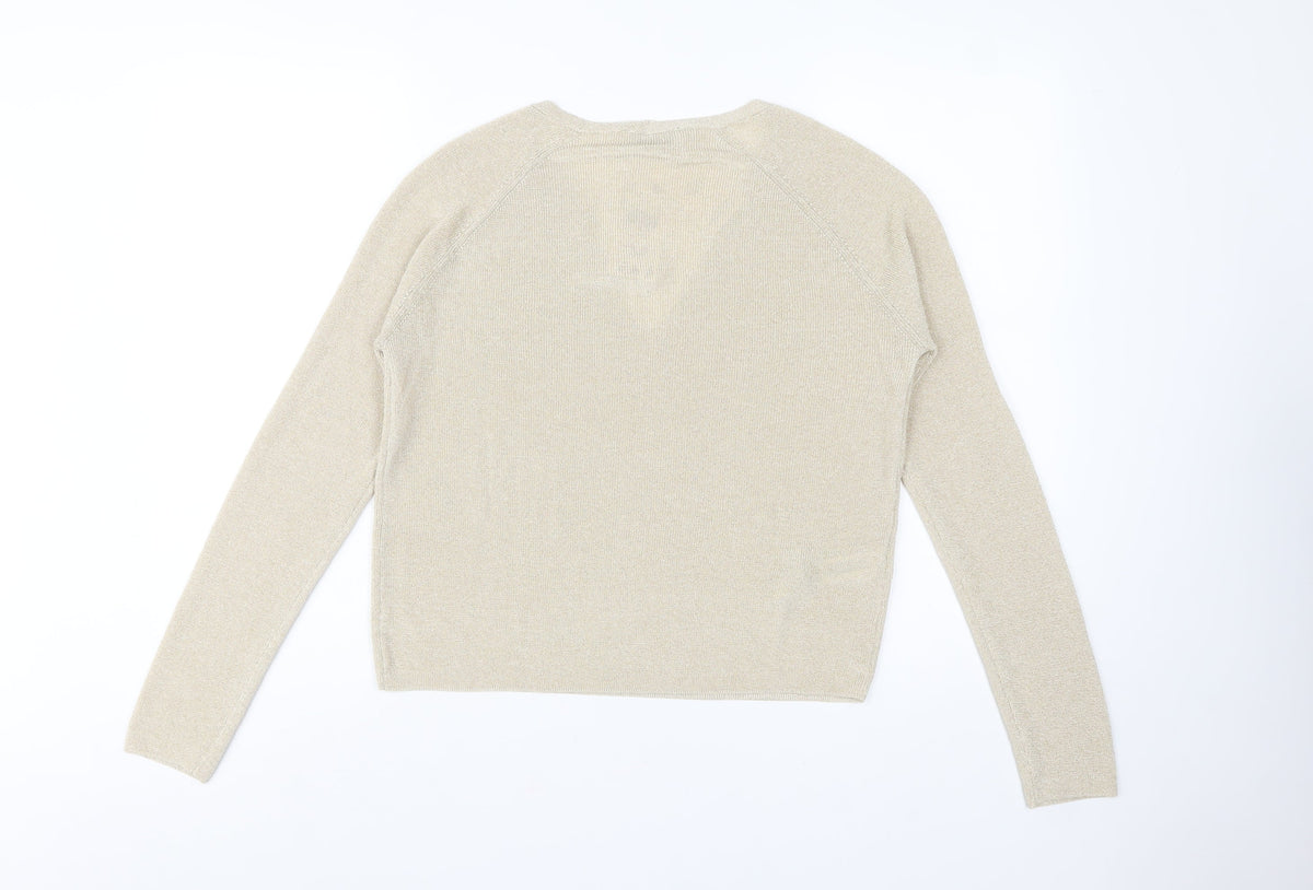 Mango MNG Women's Gold V-Neck Metallic Knit Pullover Jumper XL