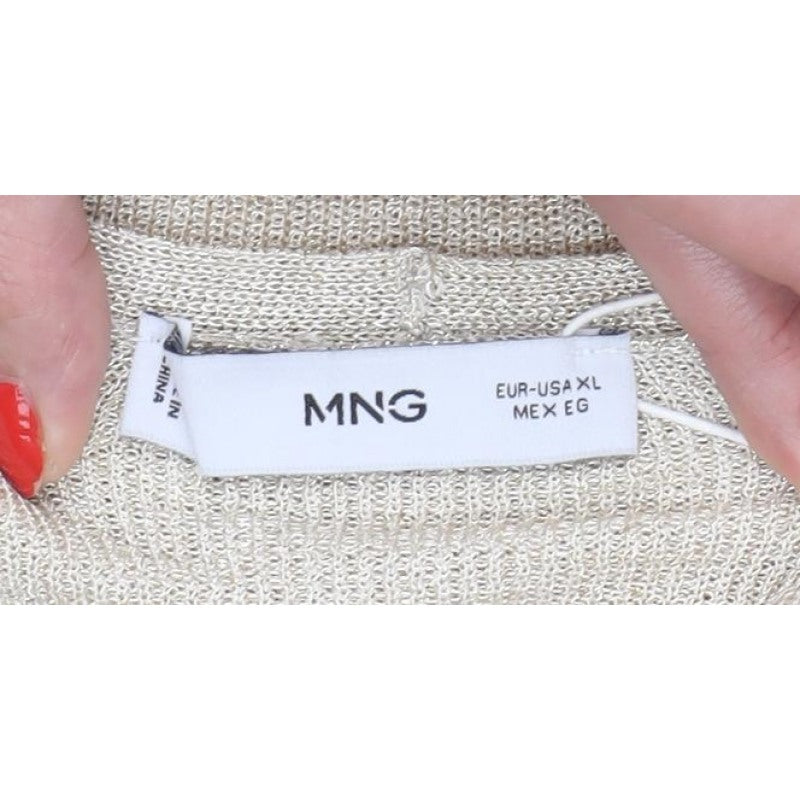 Mango MNG Women's Gold V-Neck Metallic Knit Pullover Jumper XL