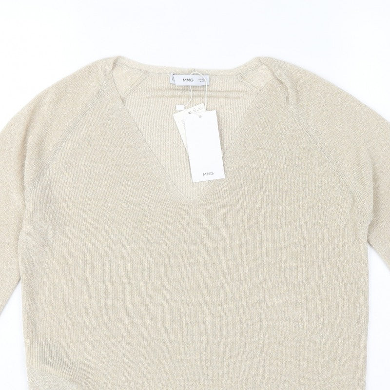 Mango MNG Women's Gold V-Neck Metallic Knit Pullover Jumper XL