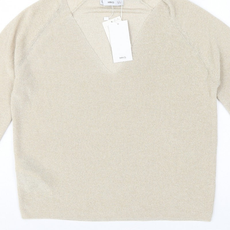 Mango MNG Women's Gold V-Neck Metallic Knit Pullover Jumper XL