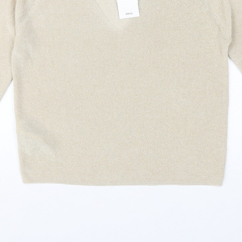 Mango MNG Women's Gold V-Neck Metallic Knit Pullover Jumper XL