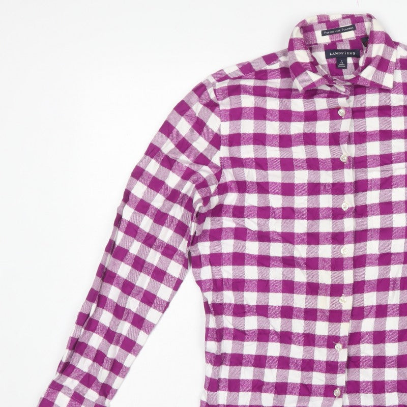 Lands' End Women Purple Check Cotton Flannel Button-Up Shirt S