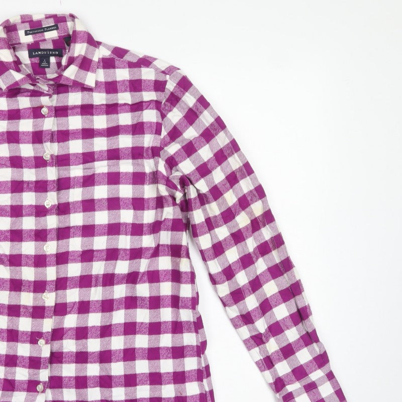 Lands' End Women Purple Check Cotton Flannel Button-Up Shirt S