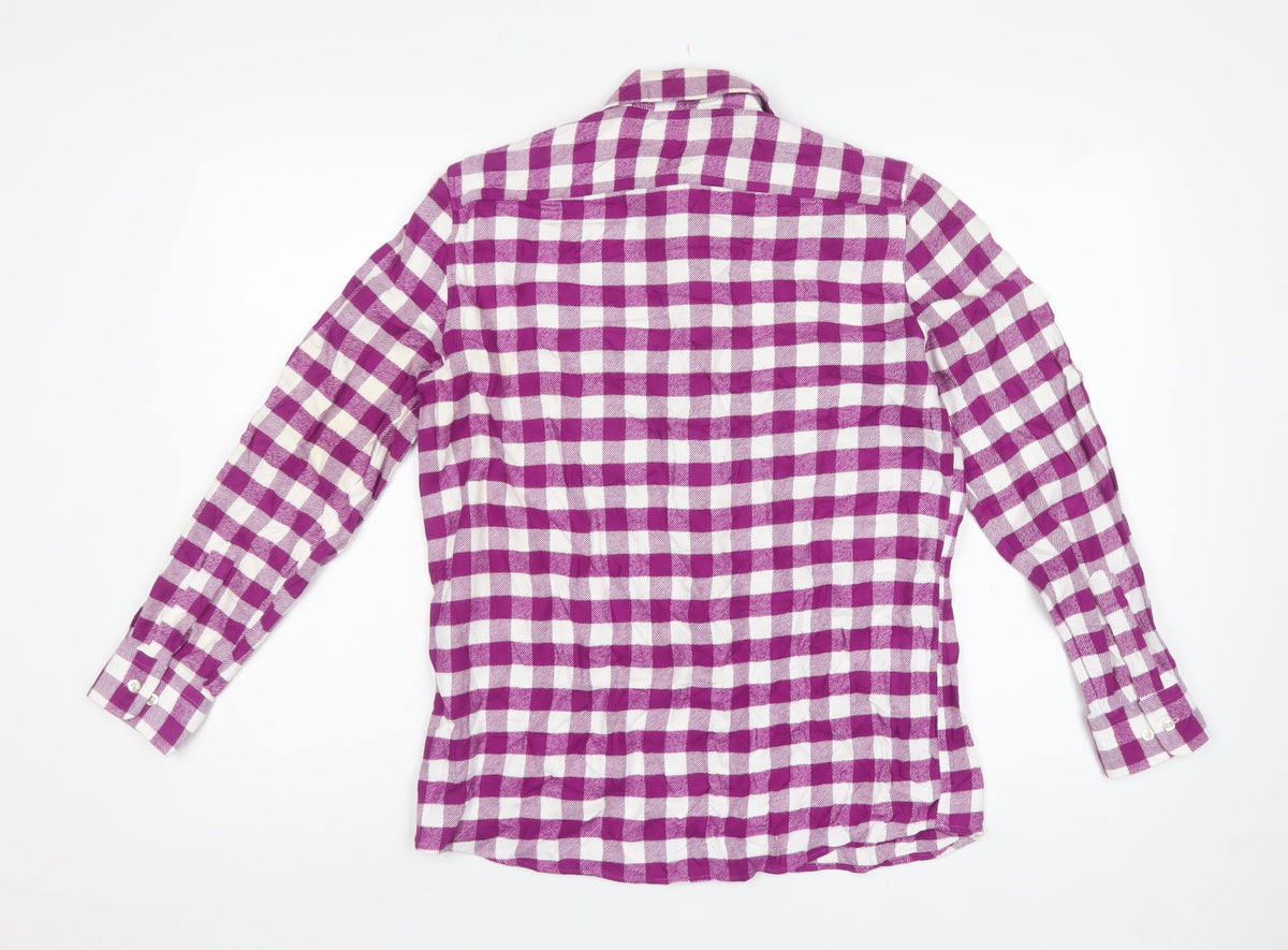 Lands' End Women Purple Check Cotton Flannel Button-Up Shirt S