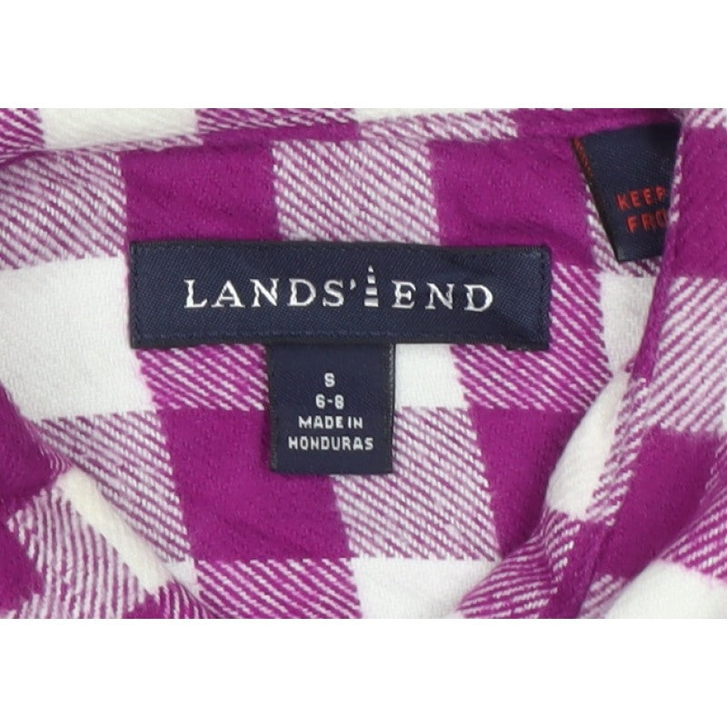 Lands' End Women Purple Check Cotton Flannel Button-Up Shirt S