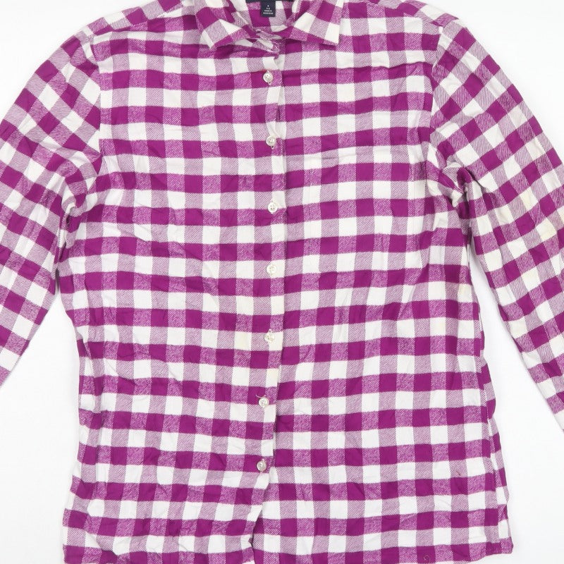 Lands' End Women Purple Check Cotton Flannel Button-Up Shirt S
