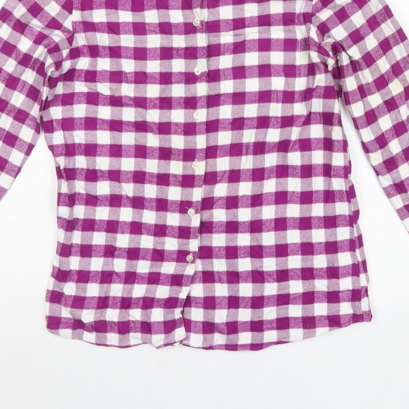 Lands' End Women Purple Check Cotton Flannel Button-Up Shirt S