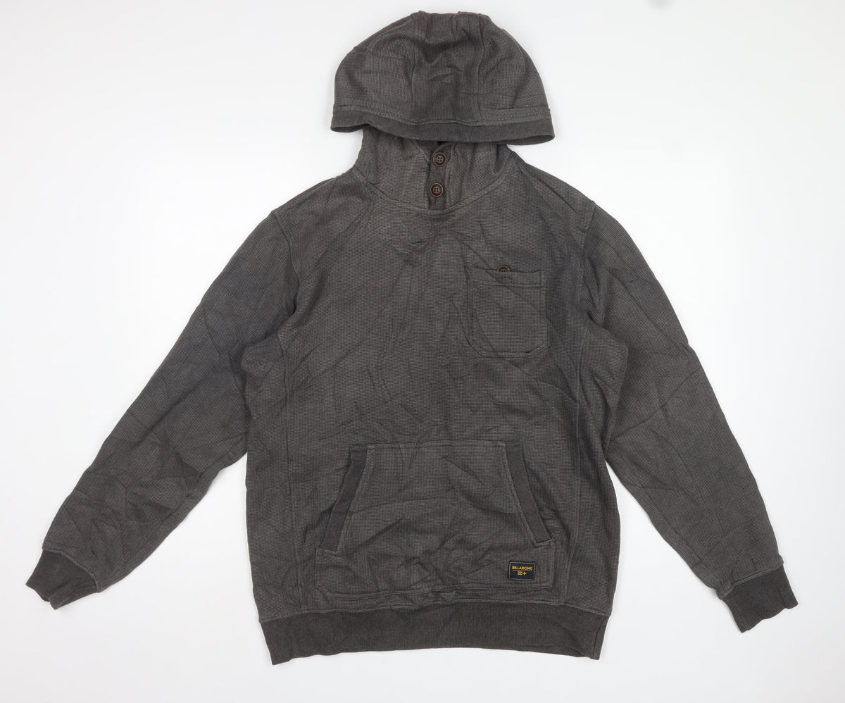 Billabong Men’s Grey M Hooded Henley Fleece Sweatshirt Pockets
