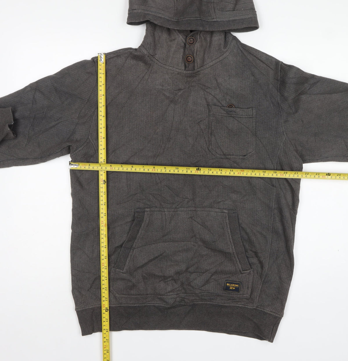 Billabong Men’s Grey M Hooded Henley Fleece Sweatshirt Pockets