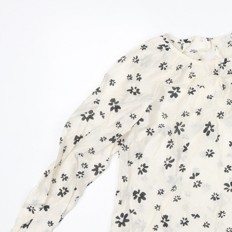 M&S Women’s Ivory Black Floral Sheer Balloon Sleeve Blouse UK 6
