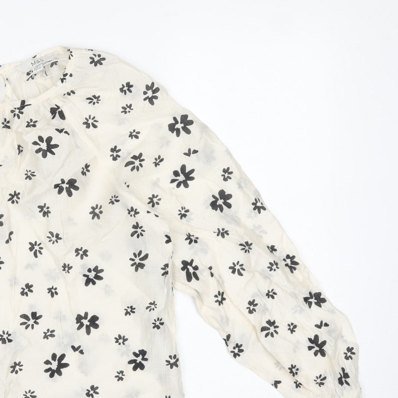 M&S Women’s Ivory Black Floral Sheer Balloon Sleeve Blouse UK 6
