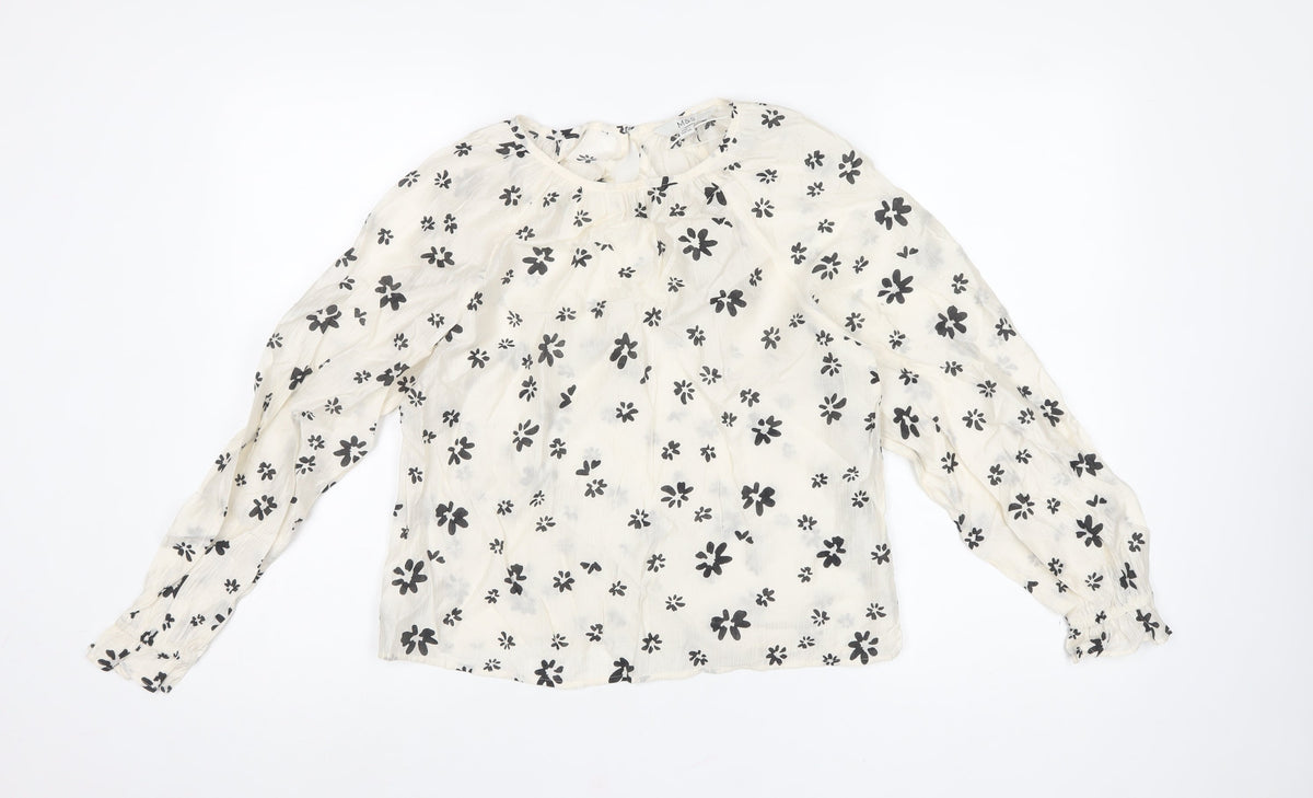 M&S Women’s Ivory Black Floral Sheer Balloon Sleeve Blouse UK 6