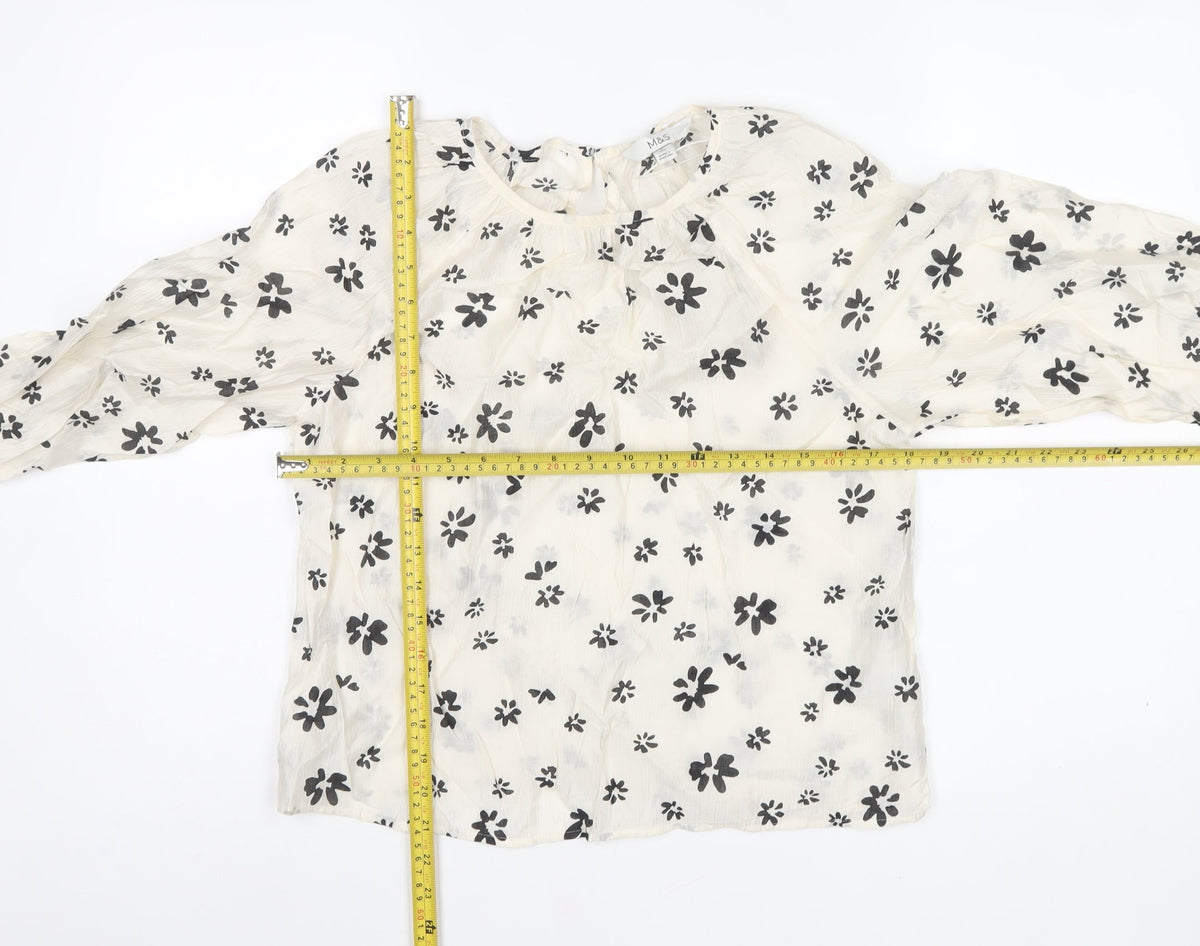 M&S Women’s Ivory Black Floral Sheer Balloon Sleeve Blouse UK 6
