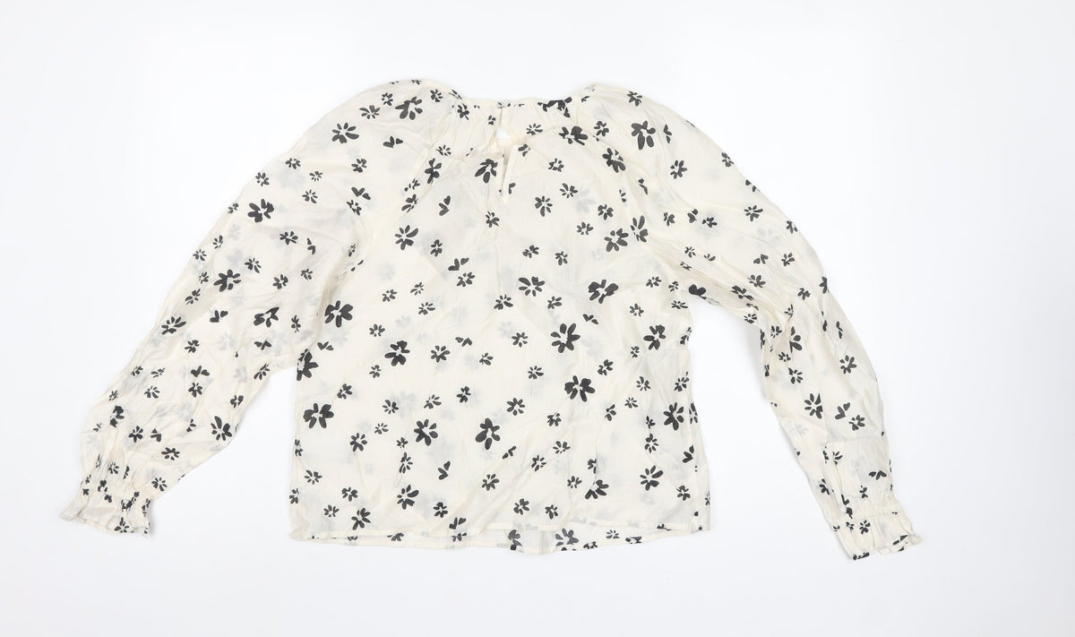 M&S Women’s Ivory Black Floral Sheer Balloon Sleeve Blouse UK 6