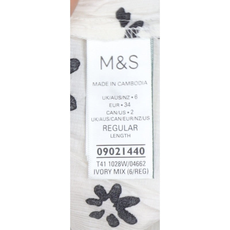M&S Women’s Ivory Black Floral Sheer Balloon Sleeve Blouse UK 6