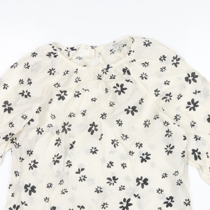 M&S Women’s Ivory Black Floral Sheer Balloon Sleeve Blouse UK 6