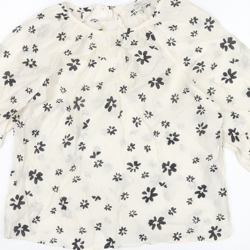M&S Women’s Ivory Black Floral Sheer Balloon Sleeve Blouse UK 6
