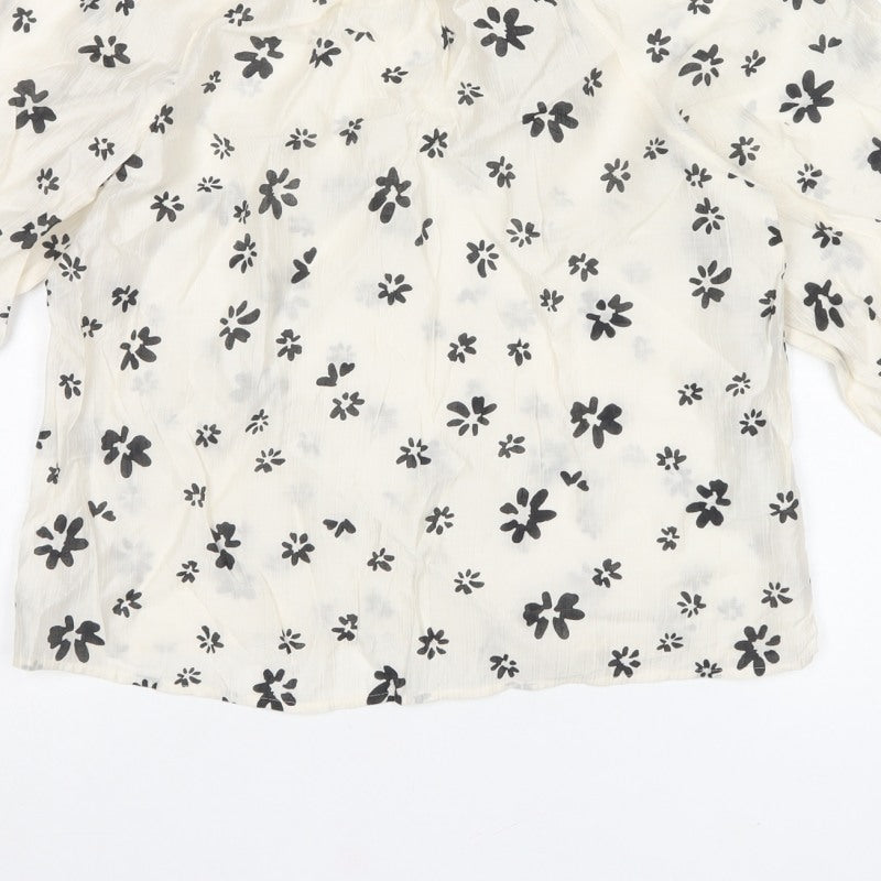 M&S Women’s Ivory Black Floral Sheer Balloon Sleeve Blouse UK 6