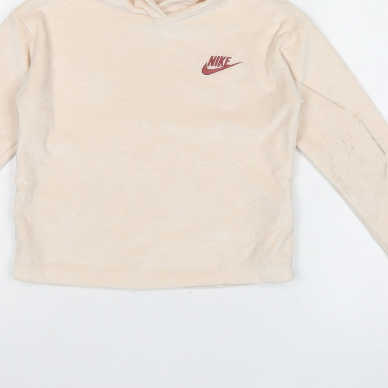 Nike Girls Ivory Velour Pullover Hoodie 5-6 Years Logo Long Sleeve