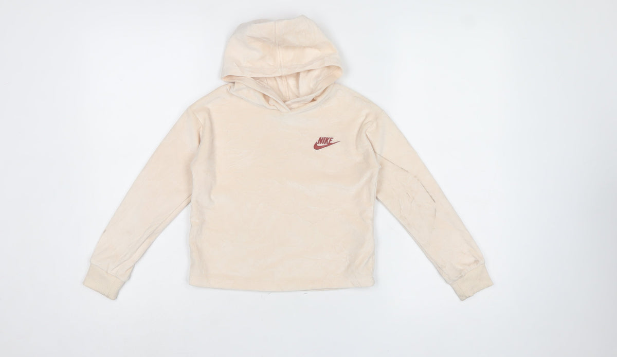 Nike Girls Ivory Velour Pullover Hoodie 5-6 Years Logo Long Sleeve
