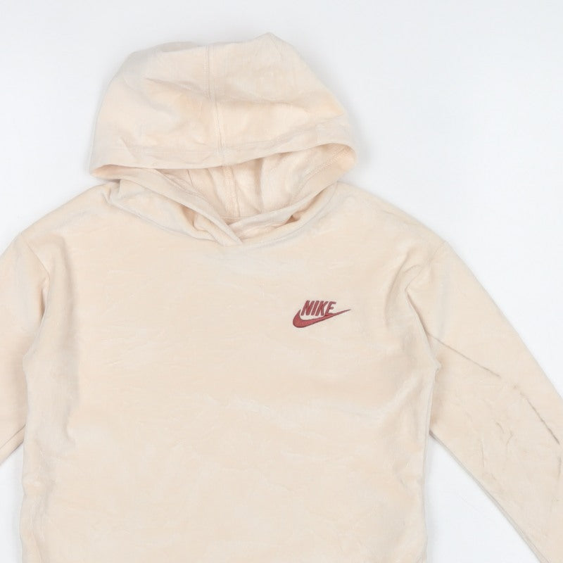 Nike Girls Ivory Velour Pullover Hoodie 5-6 Years Logo Long Sleeve