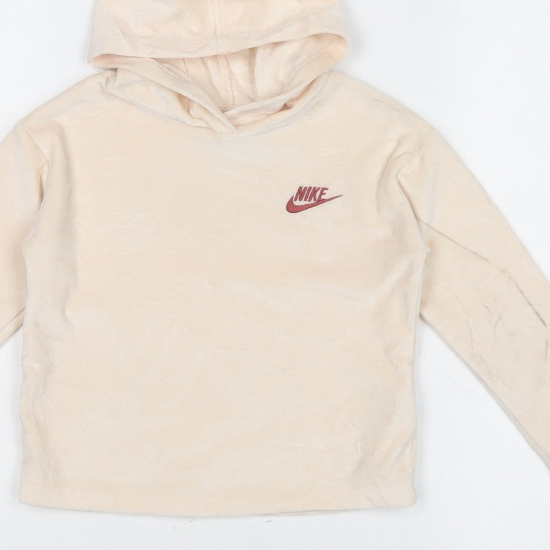 Nike Girls Ivory Velour Pullover Hoodie 5-6 Years Logo Long Sleeve