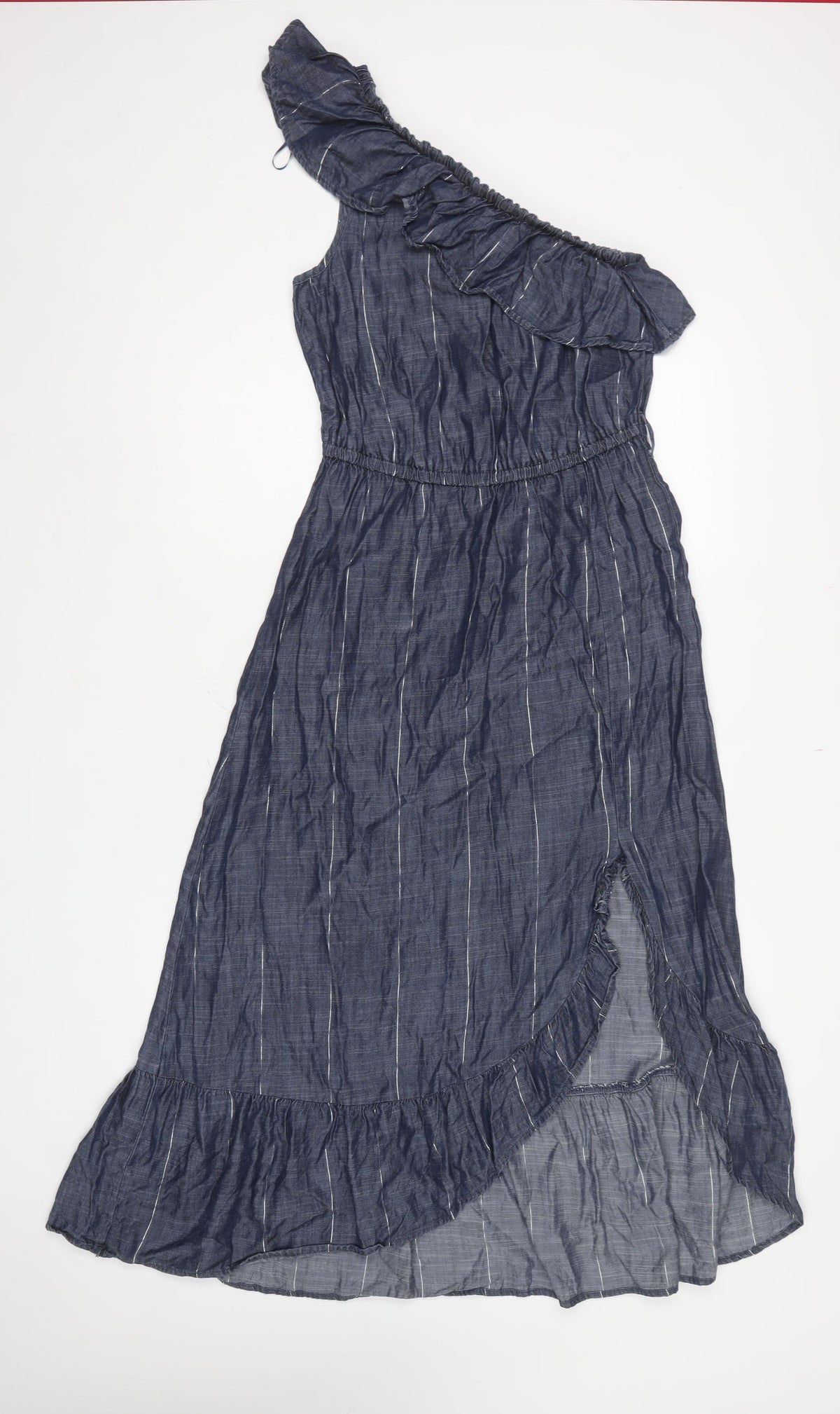 Next Women Blue UK 10 One Shoulder Ruffle Striped Maxi Dress