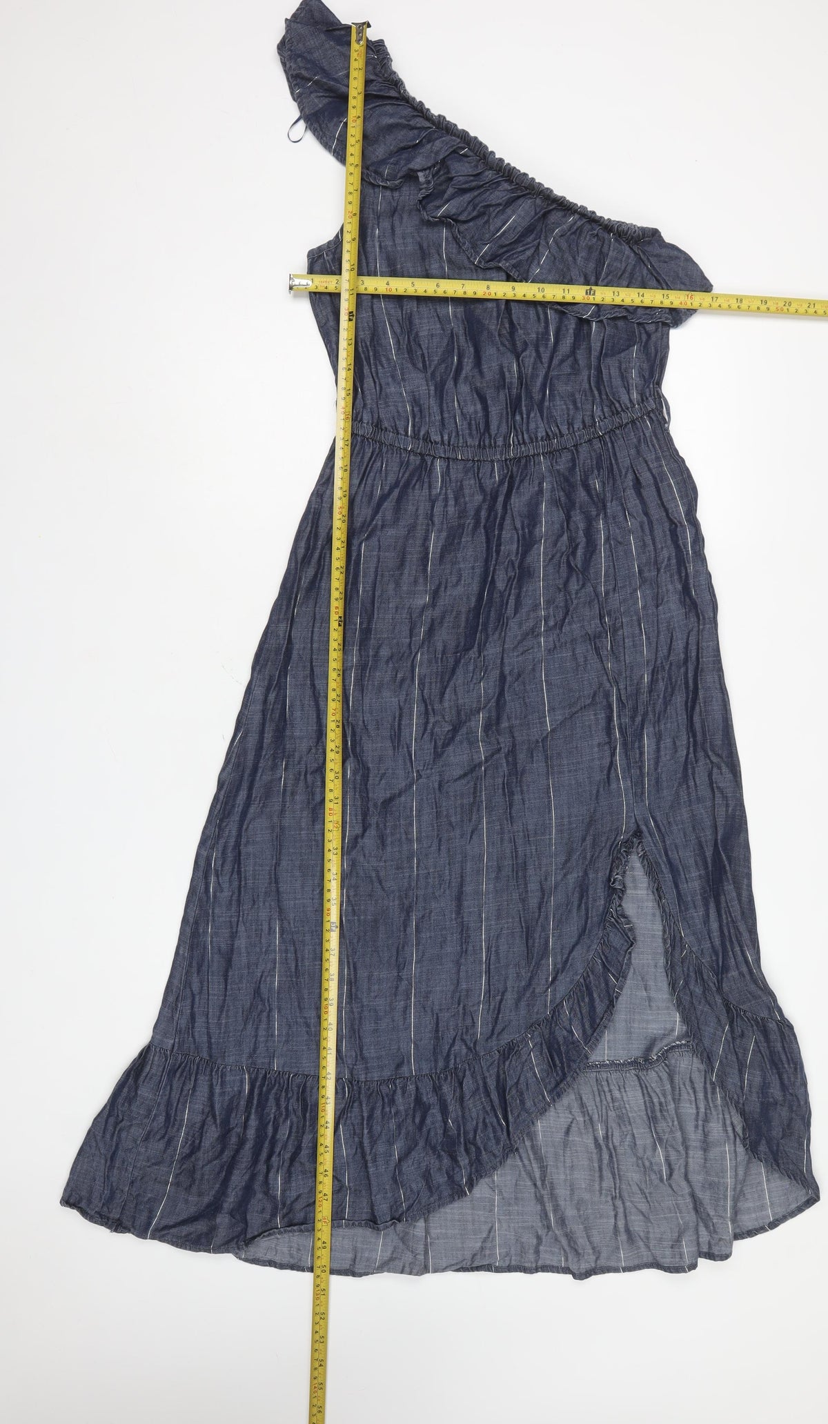 Next Women Blue UK 10 One Shoulder Ruffle Striped Maxi Dress