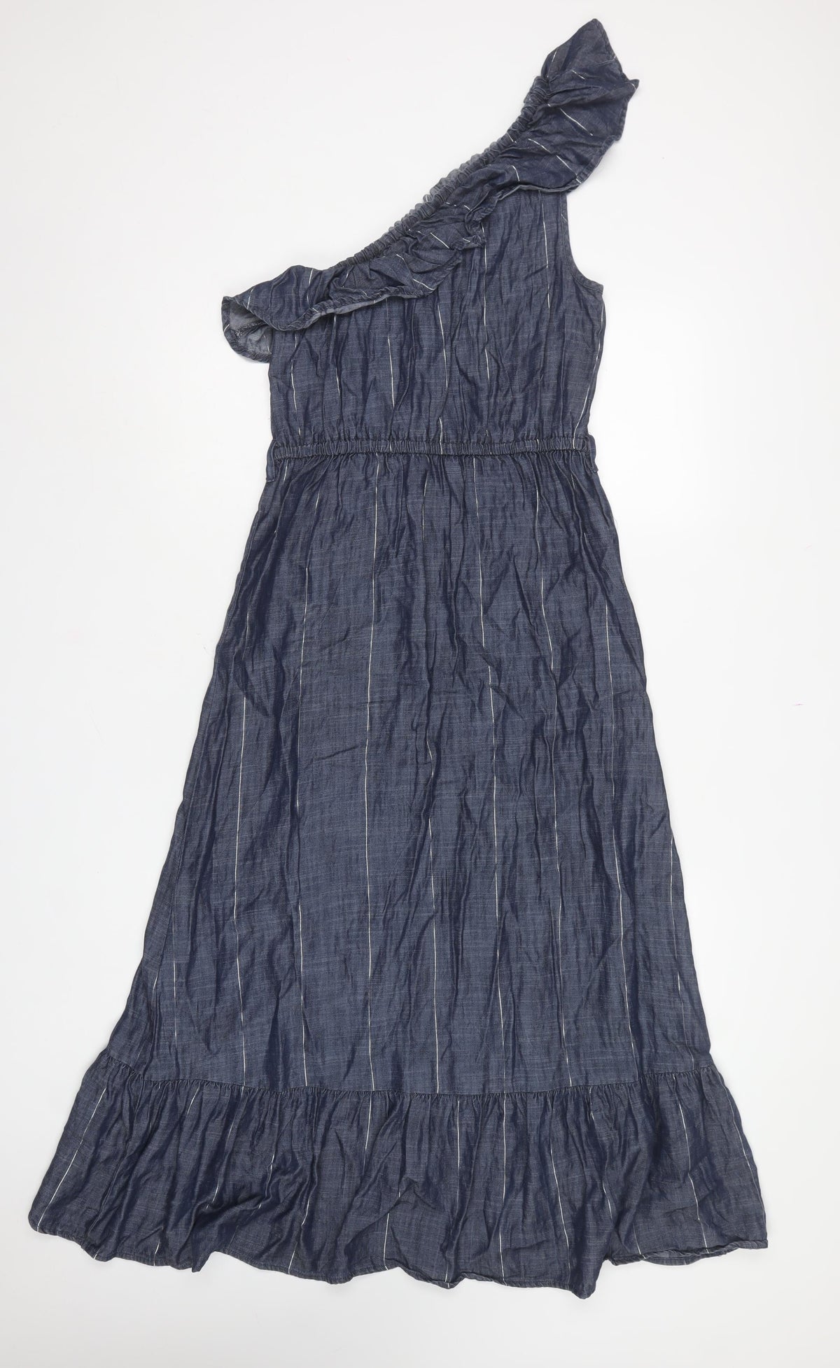 Next Women Blue UK 10 One Shoulder Ruffle Striped Maxi Dress