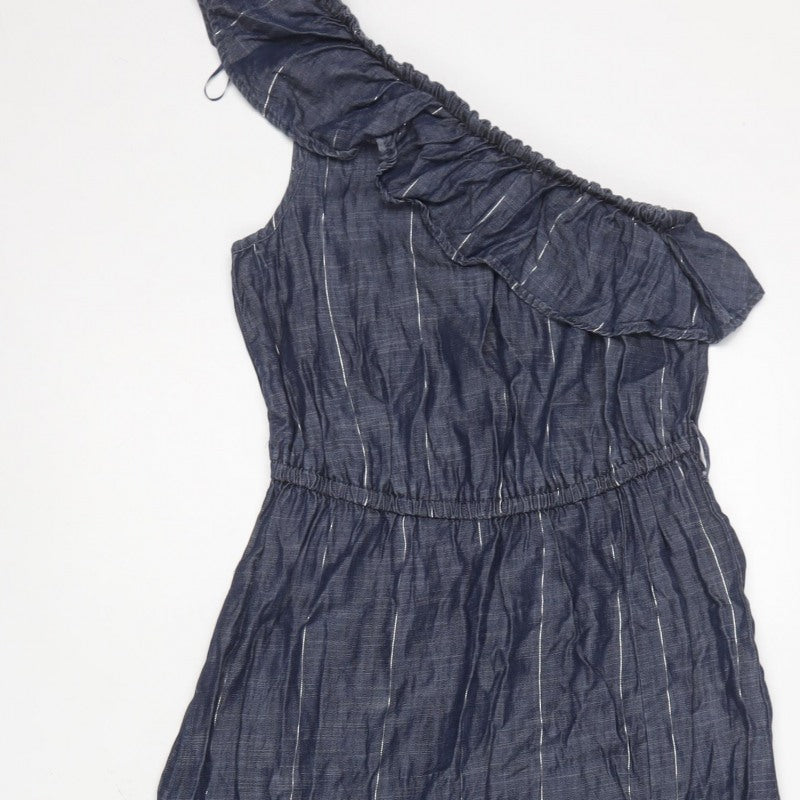 Next Women Blue UK 10 One Shoulder Ruffle Striped Maxi Dress