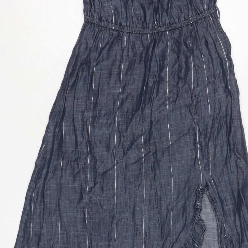 Next Women Blue UK 10 One Shoulder Ruffle Striped Maxi Dress