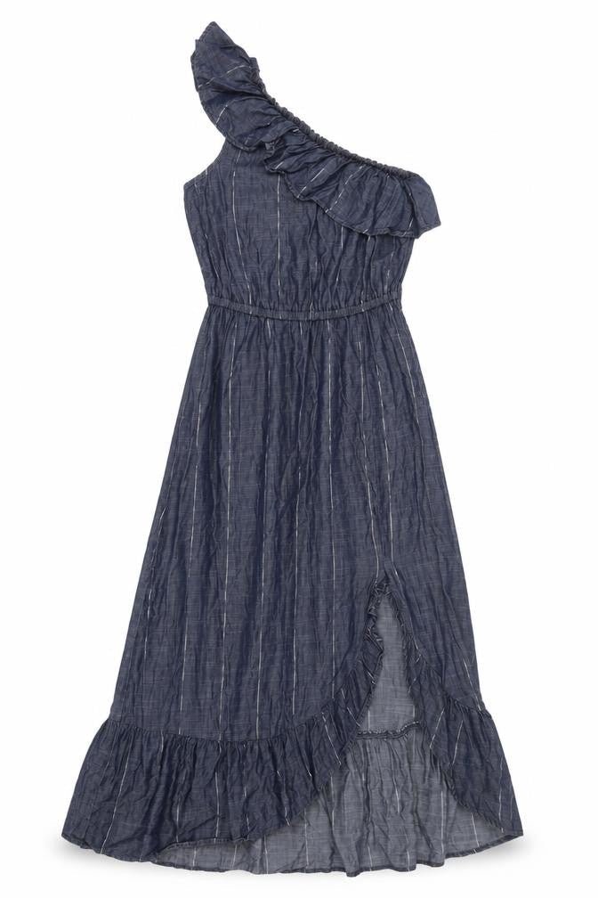 Next Women Blue UK 10 One Shoulder Ruffle Striped Maxi Dress