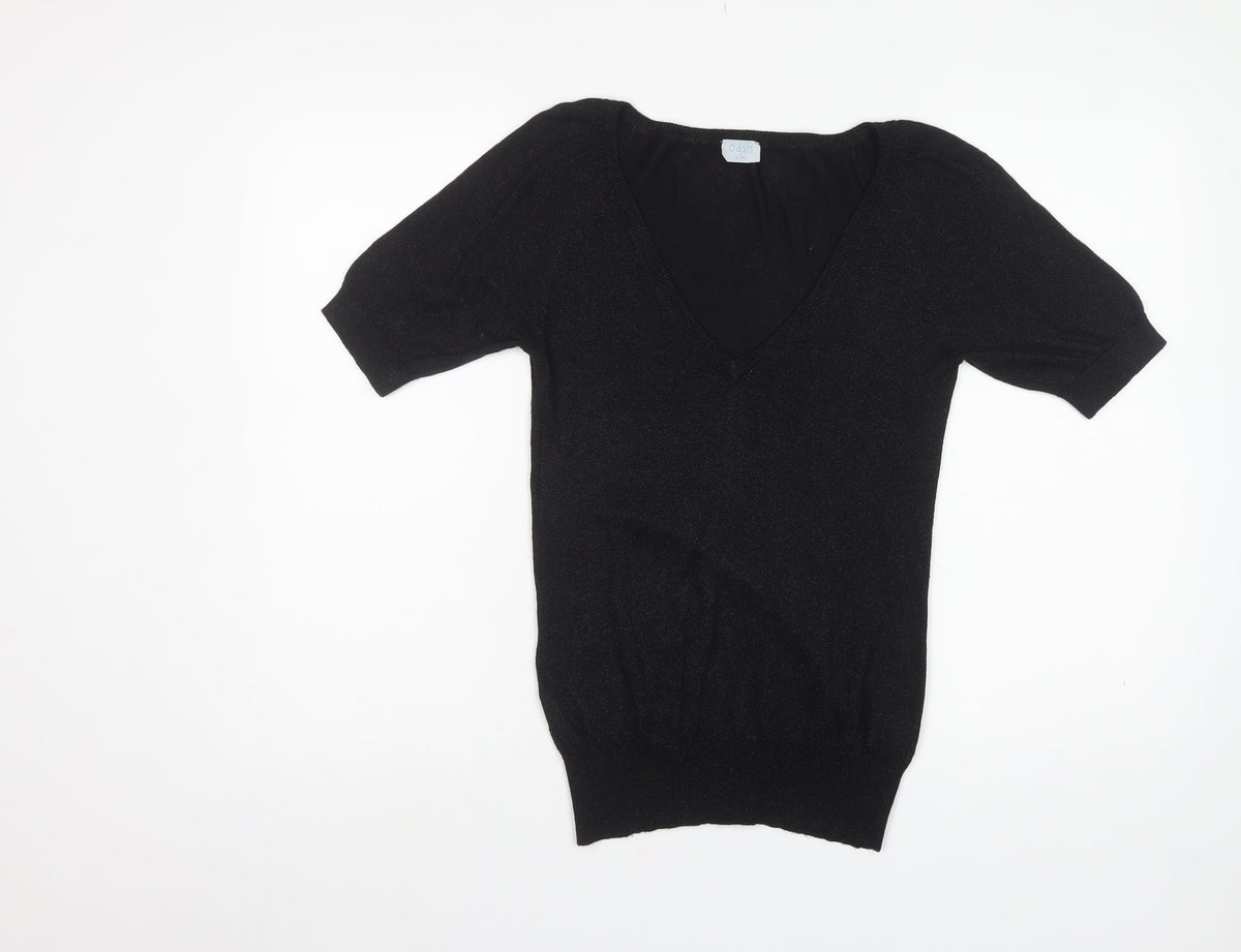 Oasis Women’s Black Size 8 V-Neck Short Sleeve Knit Jumper