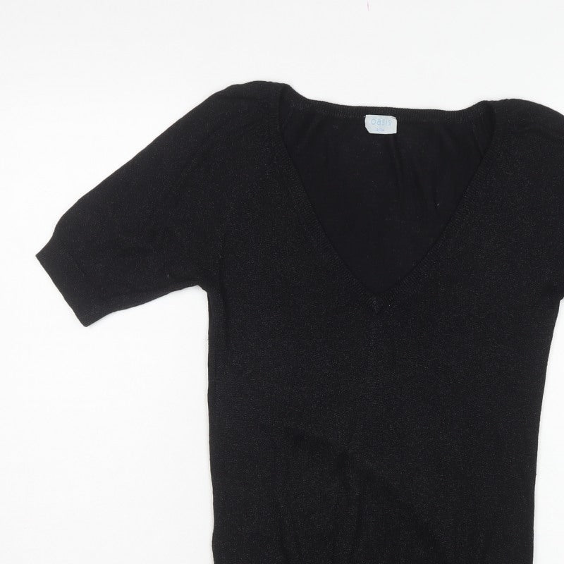 Oasis Women’s Black Size 8 V-Neck Short Sleeve Knit Jumper