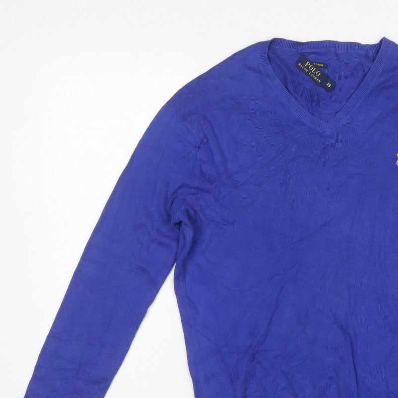 Polo Ralph Lauren Men Blue XS Pima Cotton V-Neck Logo Jumper