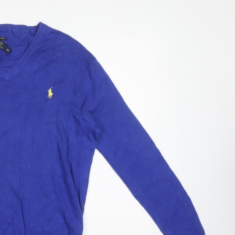 Polo Ralph Lauren Men Blue XS Pima Cotton V-Neck Logo Jumper