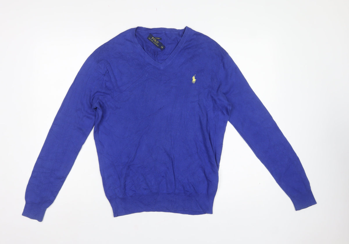 Polo Ralph Lauren Men Blue XS Pima Cotton V-Neck Logo Jumper