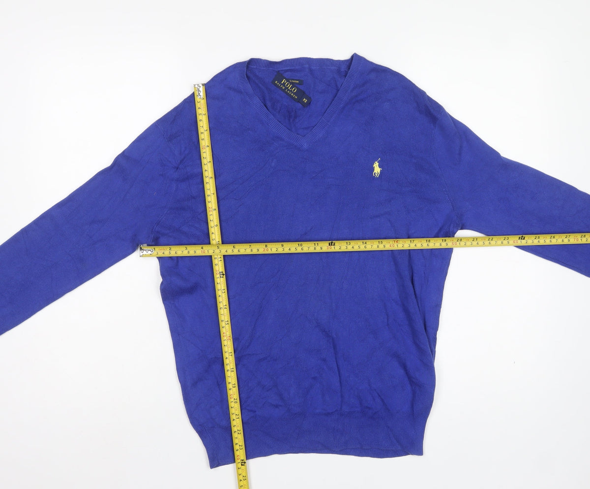 Polo Ralph Lauren Men Blue XS Pima Cotton V-Neck Logo Jumper