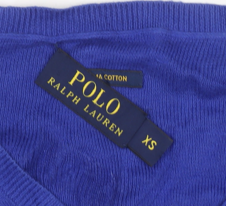 Polo Ralph Lauren Men Blue XS Pima Cotton V-Neck Logo Jumper