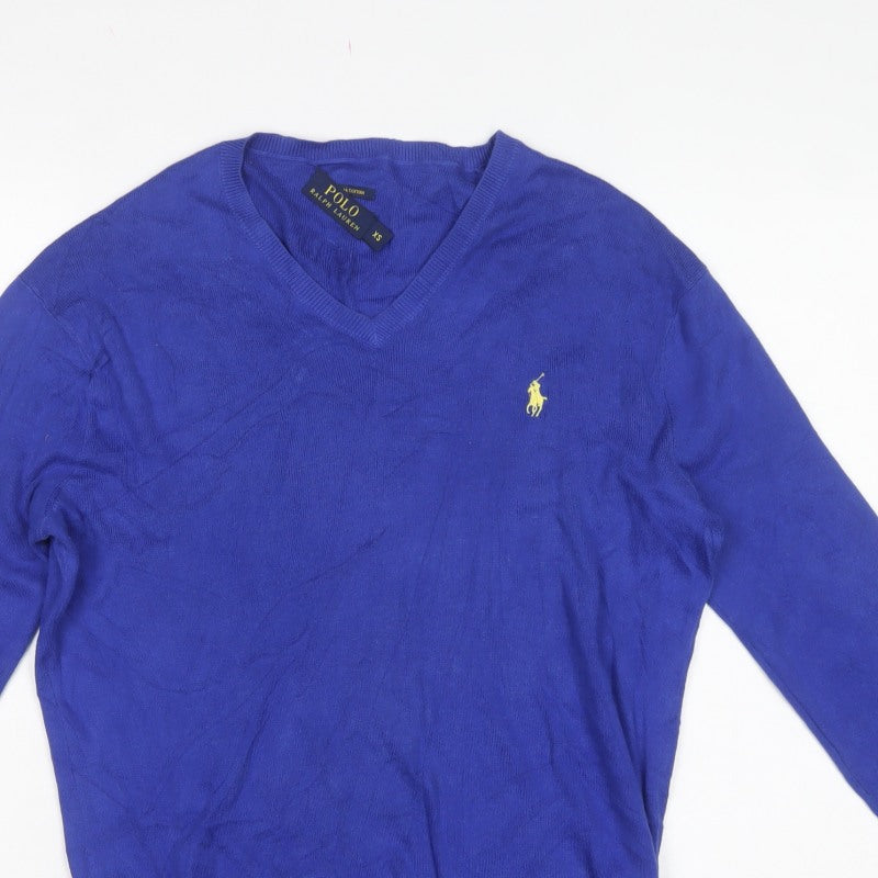 Polo Ralph Lauren Men Blue XS Pima Cotton V-Neck Logo Jumper